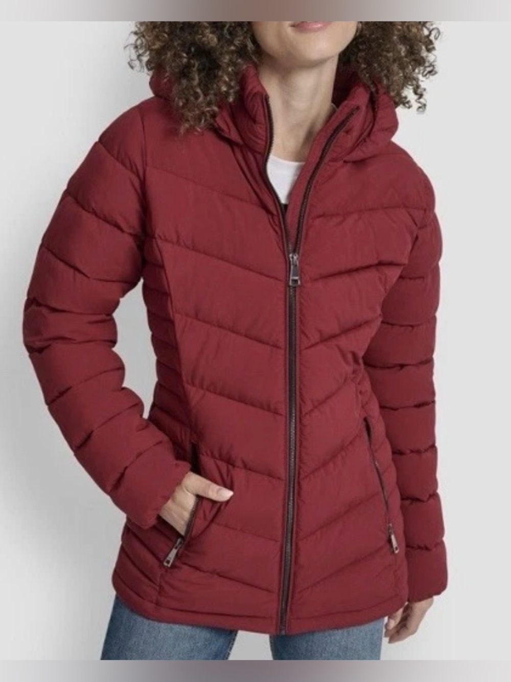 DKNY Hooded Puffer Jacket Women M Red Mid-Length Water Resistant Zip Pockets NWT